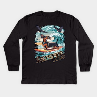 Majestic Dachshund Dog Catching a Wave Surfing Kids Long Sleeve T-Shirt